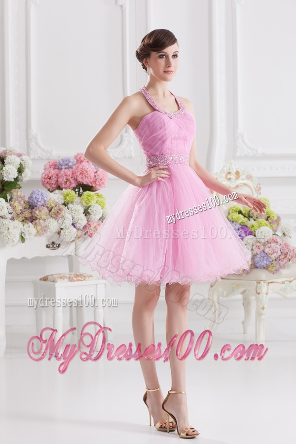 A-line Halter Top Pink Evening Dress with Ruching and Beading