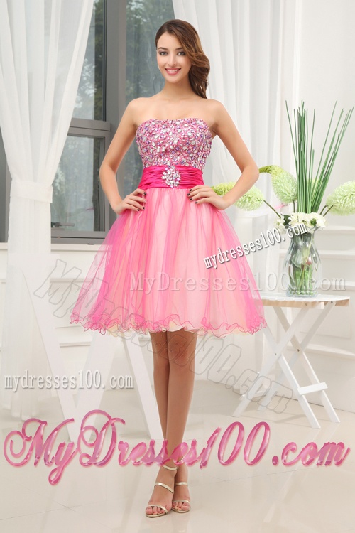 A-line Pink Strapless Beading Tulle Knee-length Evening Dress