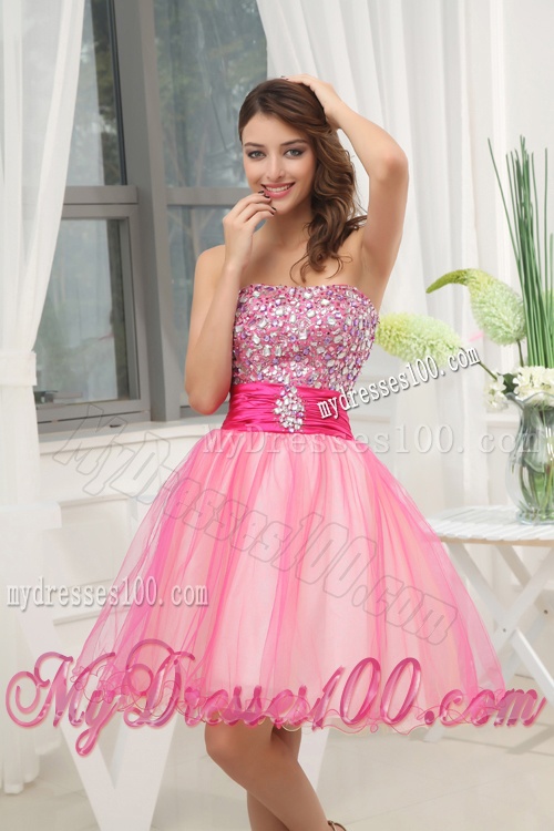 A-line Pink Strapless Beading Tulle Knee-length Evening Dress