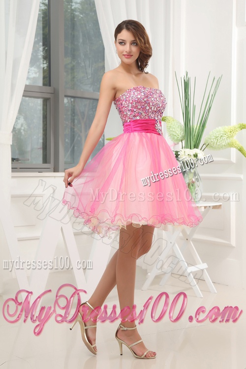 A-line Pink Strapless Beading Tulle Knee-length Evening Dress