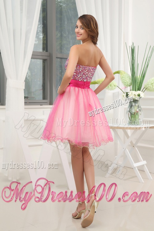 A-line Pink Strapless Beading Tulle Knee-length Evening Dress
