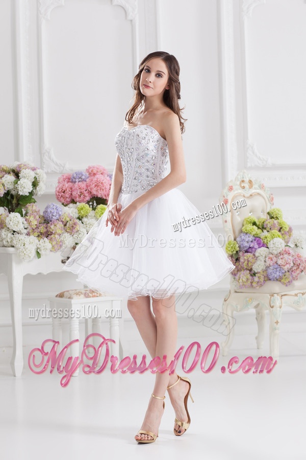 A-line Rhinestone Sweetheart Knee-length Evening Dress in White