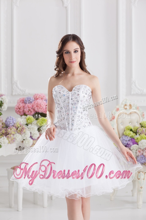 A-line Rhinestone Sweetheart Knee-length Evening Dress in White