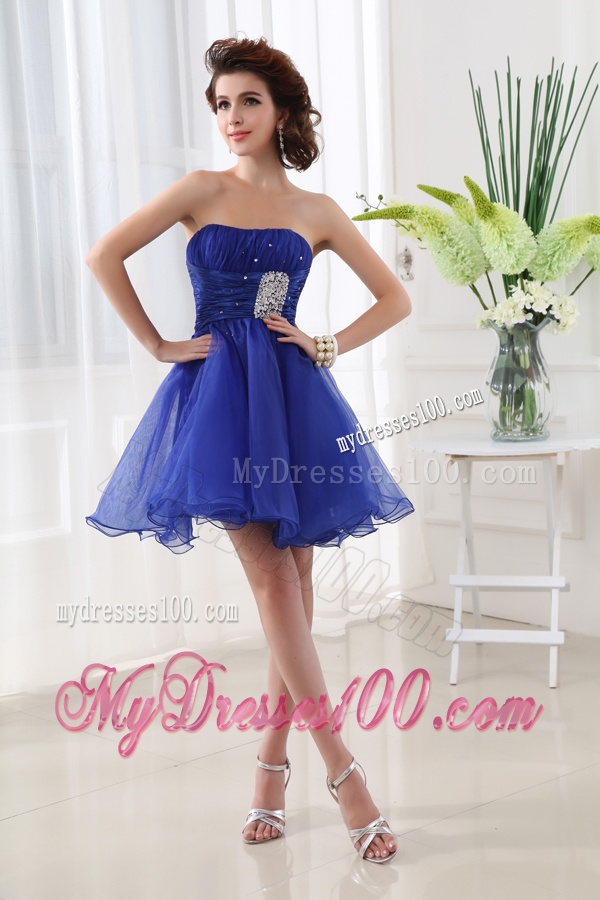 A-line Strapless Beading and Ruching Organza Evening Dress in Blue