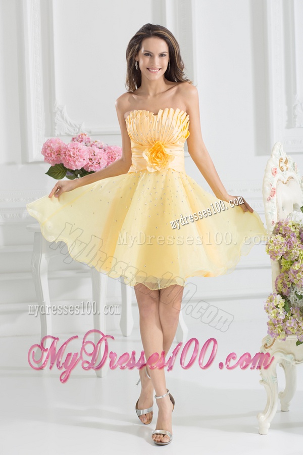 A-line Yellow Strapless Hand Made Flower Organza Evening Dress