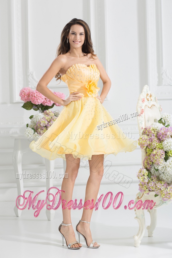 A-line Yellow Strapless Hand Made Flower Organza Evening Dress