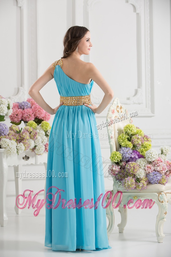 Aqua Blue Empire One Shoulder Floor-length High Slit Evening Dress