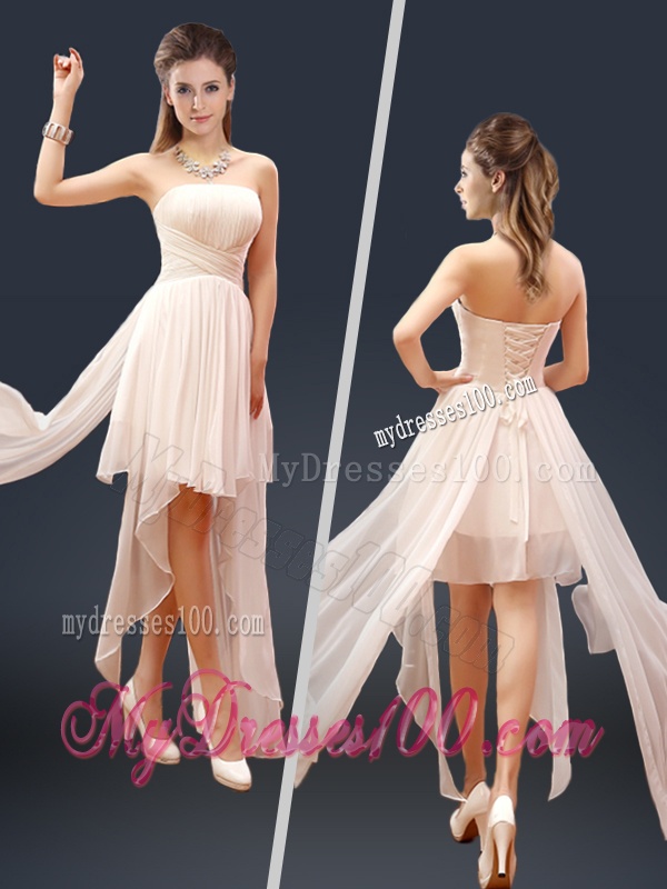 Cheap Champagne Asymmetrical Evening Dresses with Ruching