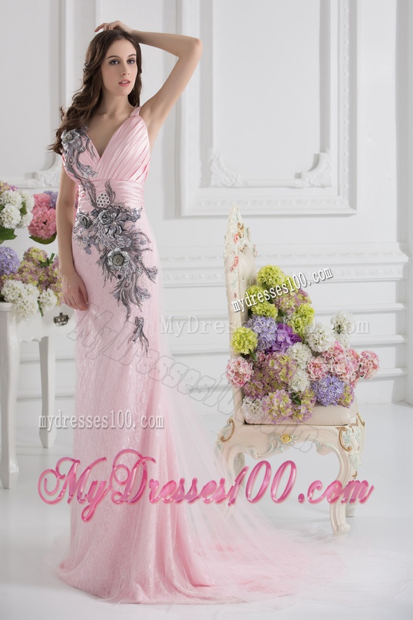 Column Straps Appliques and Ruching Baby Pink Lace Evening Dress