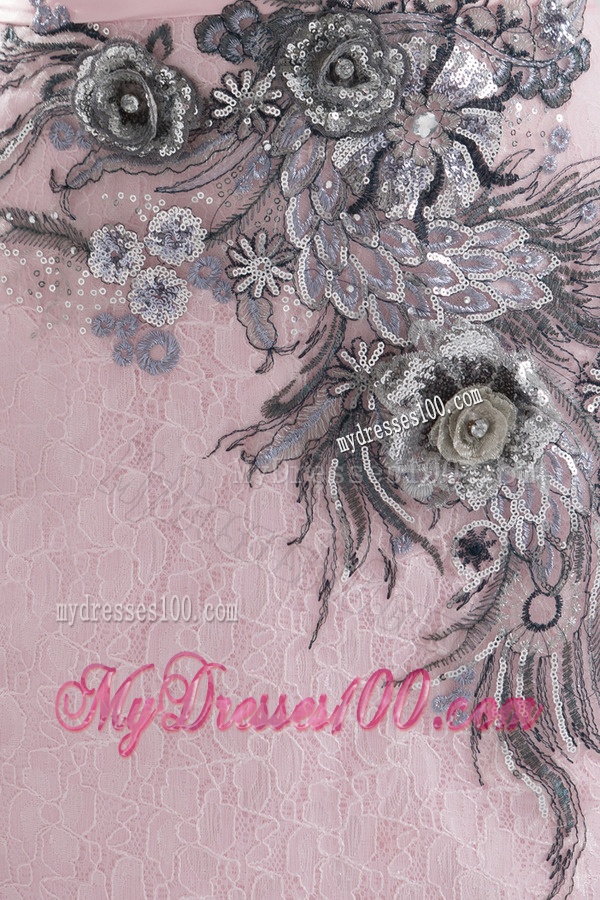 Column Straps Appliques and Ruching Baby Pink Lace Evening Dress