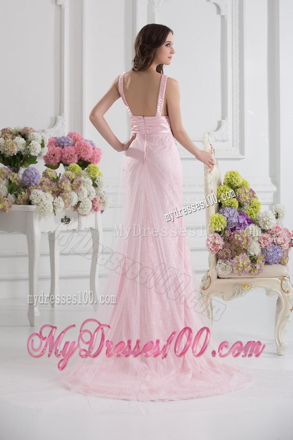 Column Straps Appliques and Ruching Baby Pink Lace Evening Dress