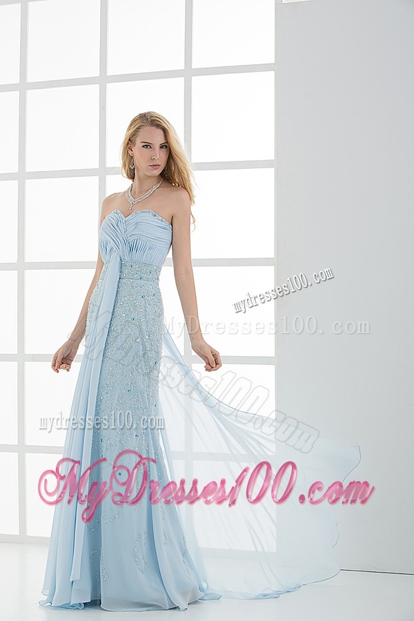 Column Sweetheart Floor-length Beading Light Blue Evening Dress