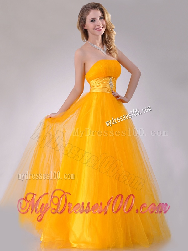 Elegant A Line Beaded Tulle Gold Evening Dress with Lace Up