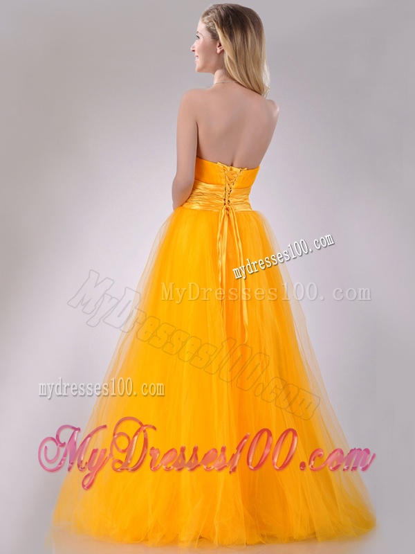 Elegant A Line Beaded Tulle Gold Evening Dress with Lace Up