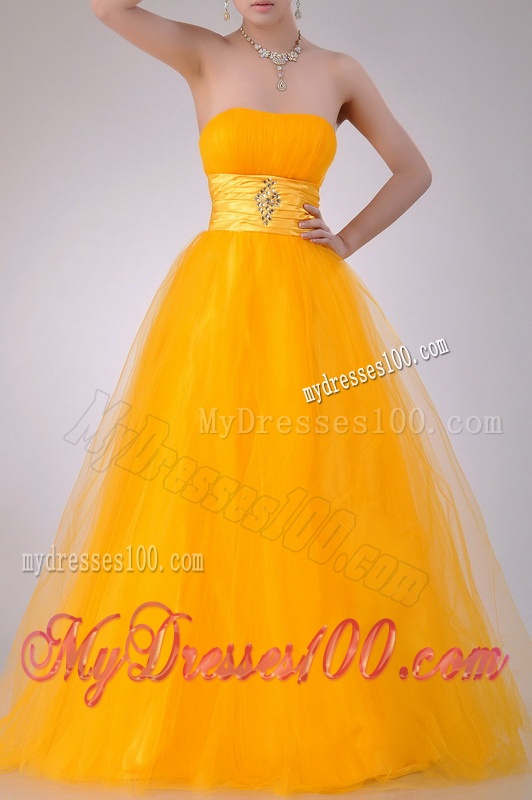 Elegant A Line Beaded Tulle Gold Evening Dress with Lace Up