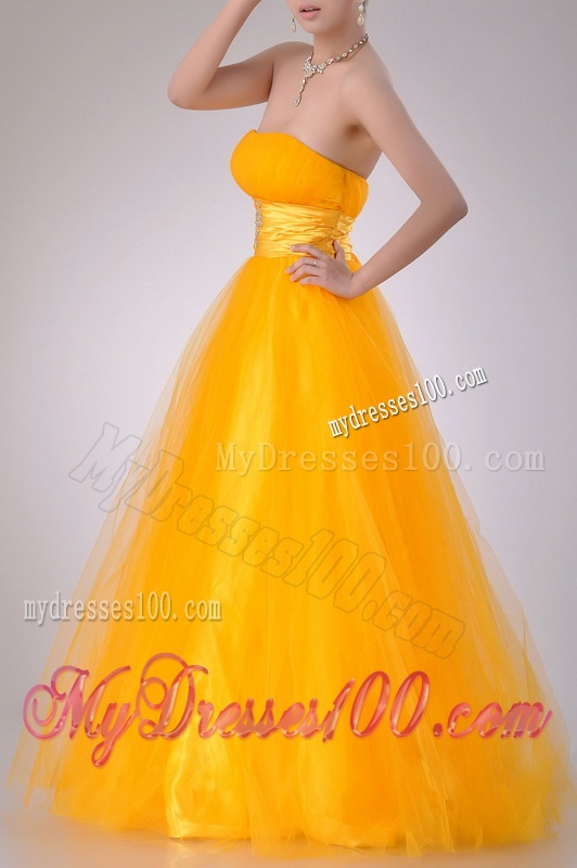Elegant A Line Beaded Tulle Gold Evening Dress with Lace Up