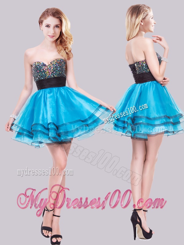 Elegant A Line Organza Beaded Short Evening Dress in Baby Blue