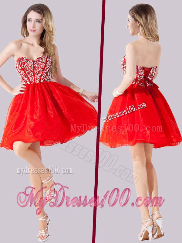 Elegant Visible Boning Beaded Bodice Lace Red Evening Dress in Chiffon