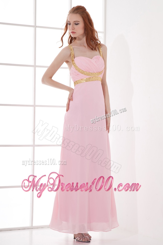 Empire Chiffon Straps Baby Pink Evening Dress with Beading and Ruching