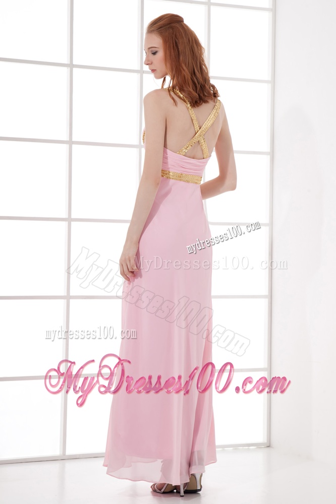 Empire Chiffon Straps Baby Pink Evening Dress with Beading and Ruching