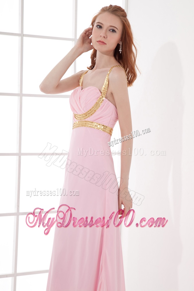 Empire Chiffon Straps Baby Pink Evening Dress with Beading and Ruching
