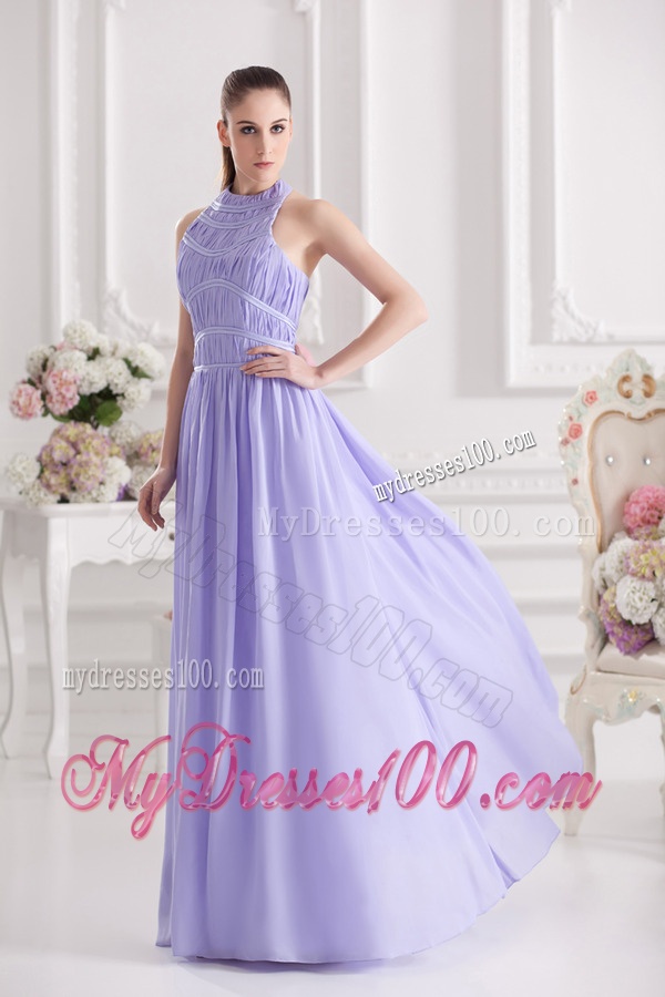 Empire Halter Top Floor-length Ruching Lavender Evening Dress