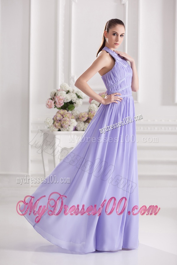 Empire Halter Top Floor-length Ruching Lavender Evening Dress