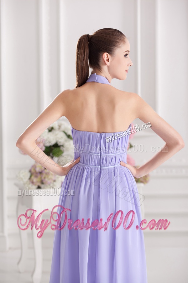 Empire Halter Top Floor-length Ruching Lavender Evening Dress
