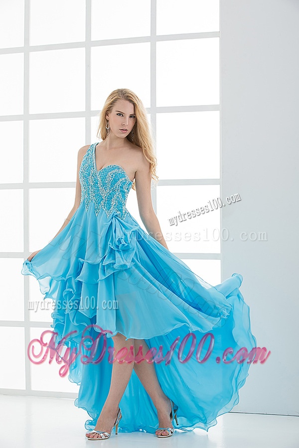Empire One Shoulder High-low Beading Baby Blue Evening Dress