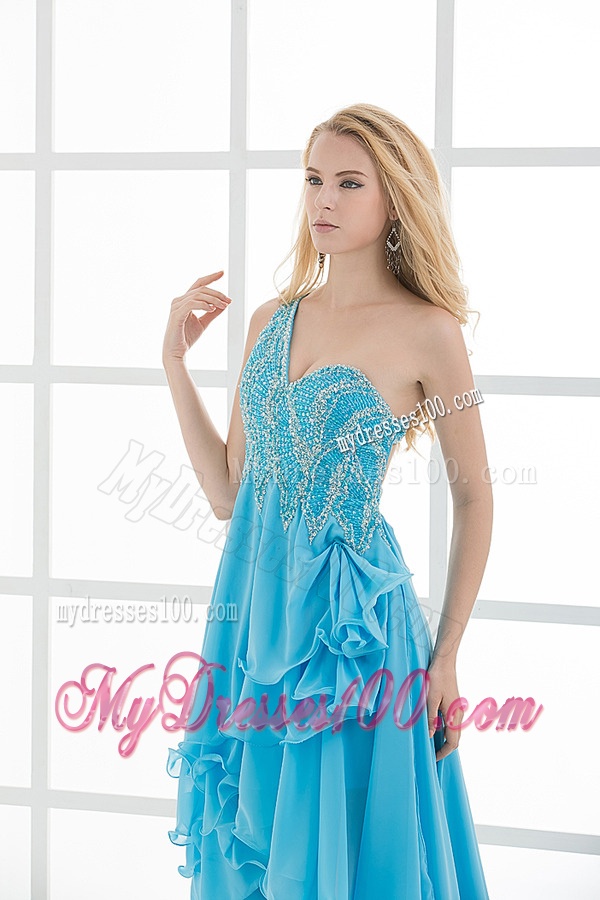 Empire One Shoulder High-low Beading Baby Blue Evening Dress