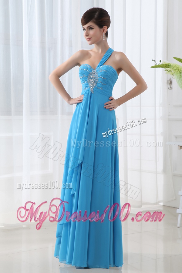 Empire One Shoulder Sky Blue Chiffon Evening Dress with Beading and Ruching