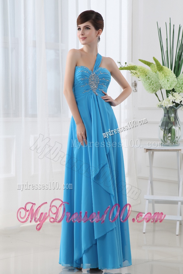 Empire One Shoulder Sky Blue Chiffon Evening Dress with Beading and Ruching