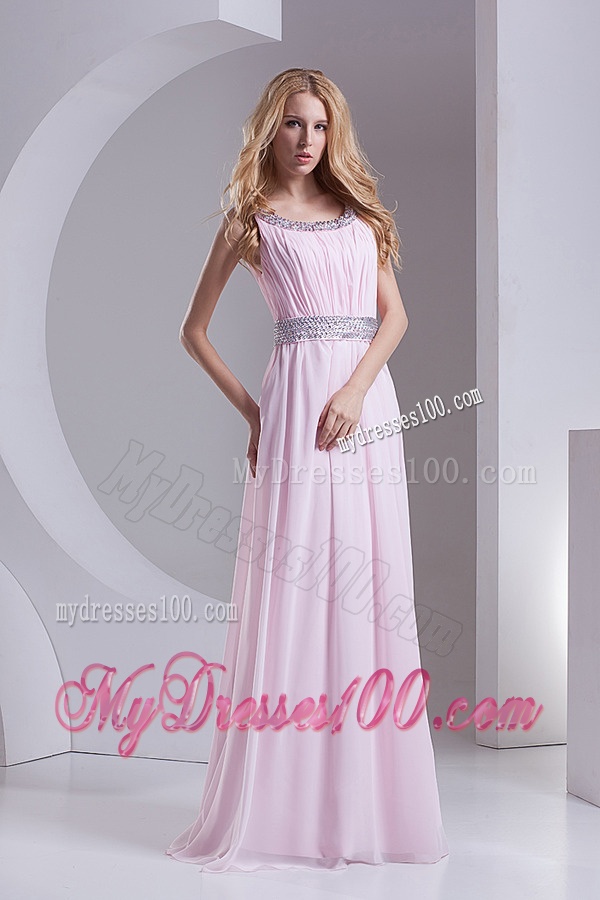 Empire Scoop Chiffon Beading and Ruching Baby Pink Evening Dress