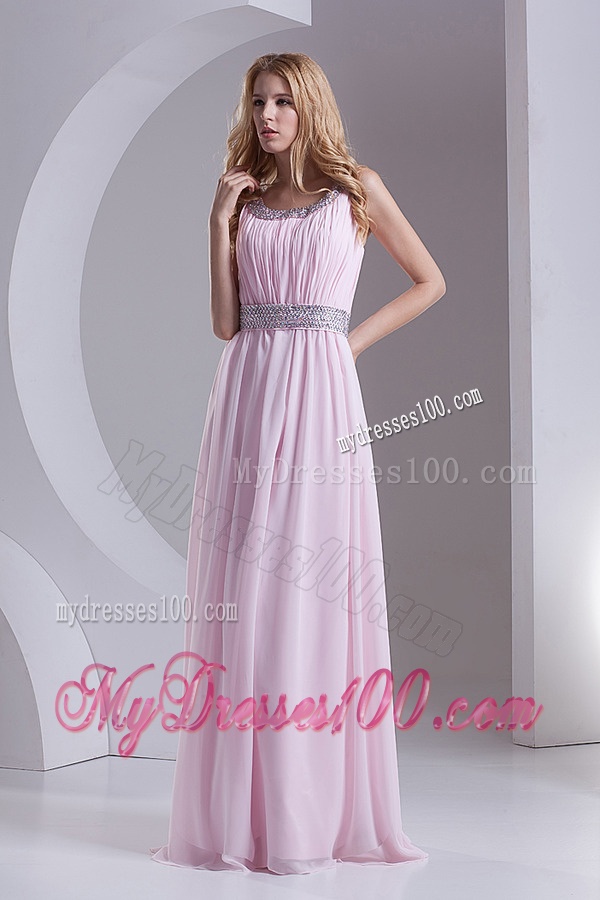 Empire Scoop Chiffon Beading and Ruching Baby Pink Evening Dress