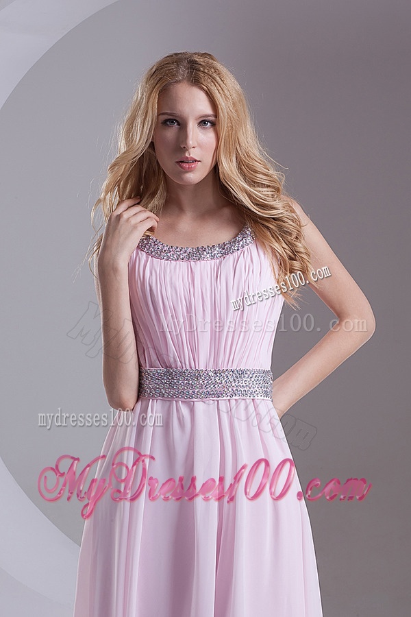 Empire Scoop Chiffon Beading and Ruching Baby Pink Evening Dress