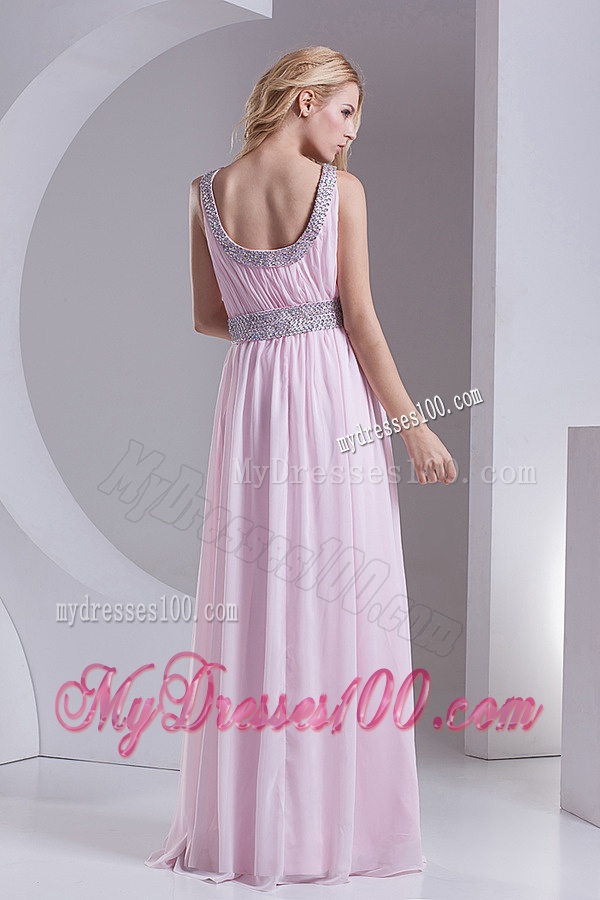 Empire Scoop Chiffon Beading and Ruching Baby Pink Evening Dress