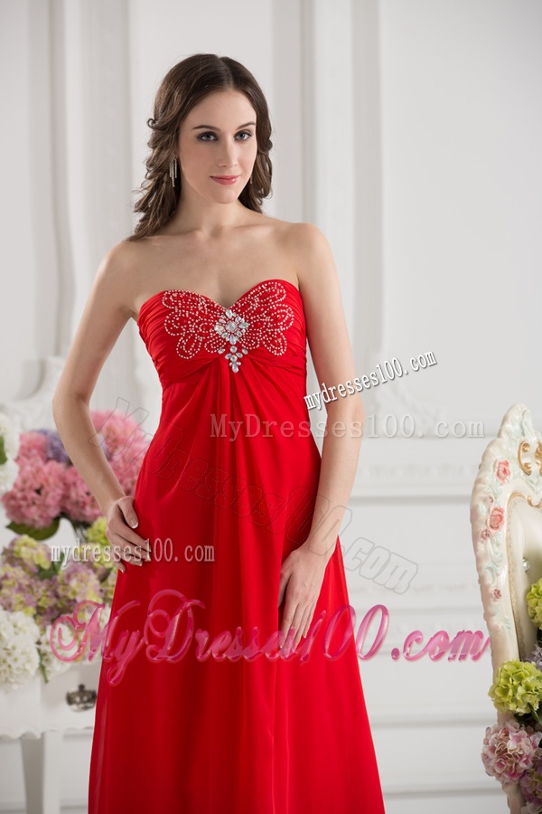 Empire Sweetheart Chiffon Beading and Ruching Floor-length Evening Dress in Red