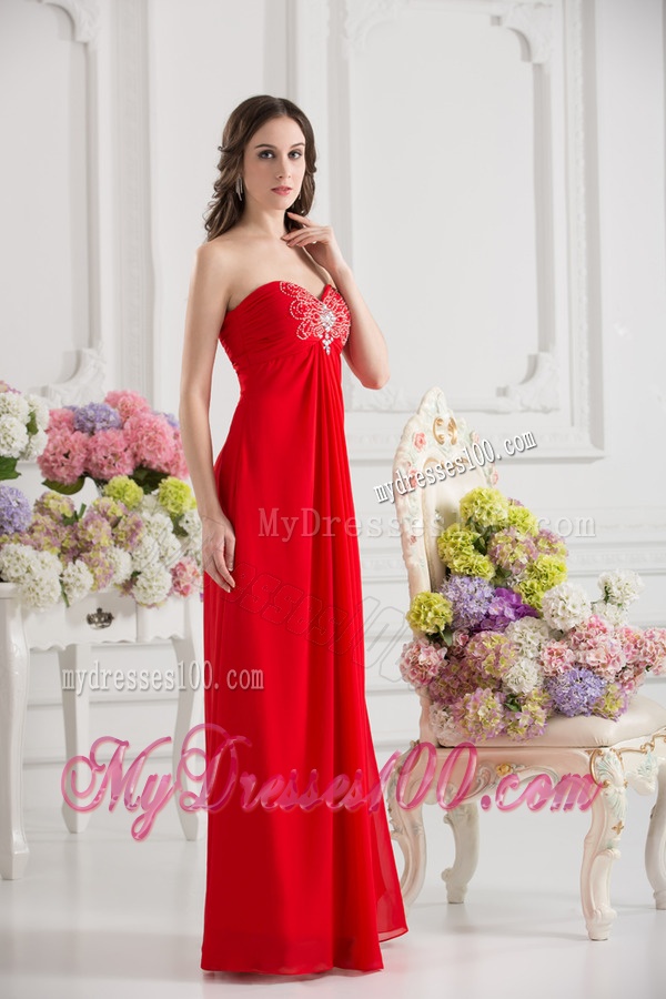 Empire Sweetheart Chiffon Beading and Ruching Floor-length Evening Dress in Red