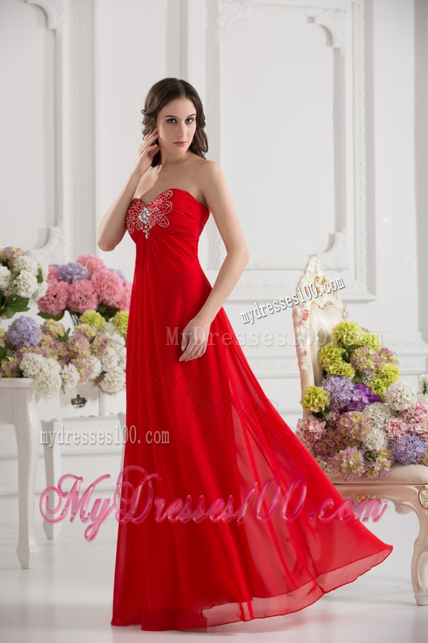 Empire Sweetheart Chiffon Beading and Ruching Floor-length Evening Dress in Red