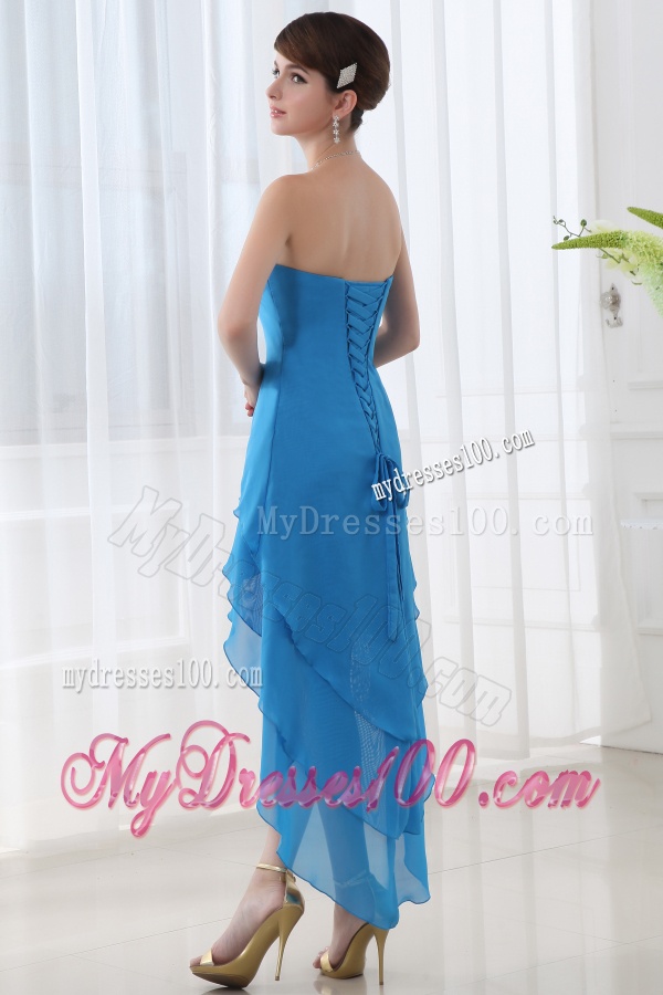 Empire Teal Blue Strapless Ruffled Layers High-low Chiffon Evening Dress