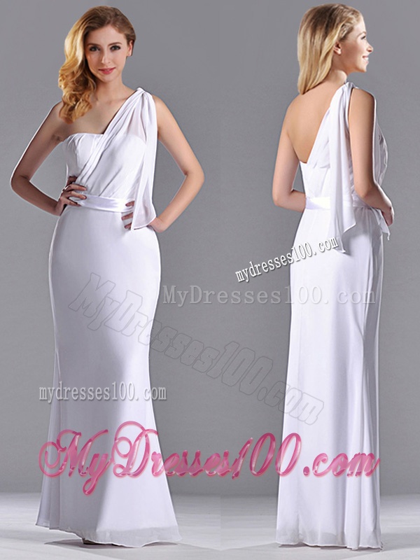 Exclusive Column White Chiffon Backless Evening Dress with One Shoulder