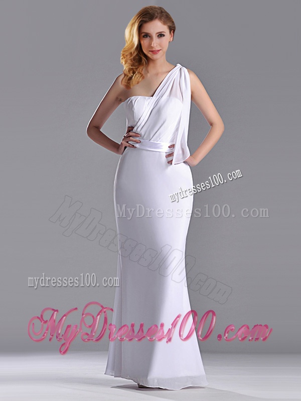 Exclusive Column White Chiffon Backless Evening Dress with One Shoulder