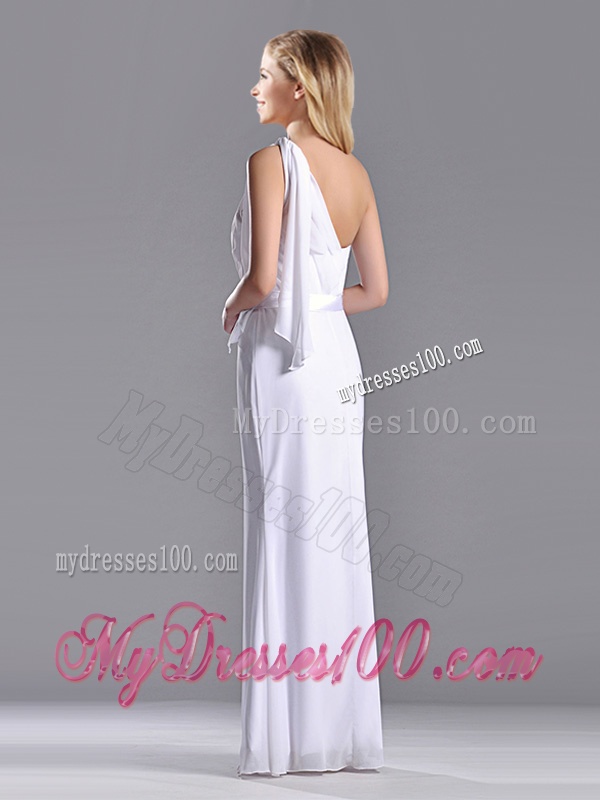 Exclusive Column White Chiffon Backless Evening Dress with One Shoulder