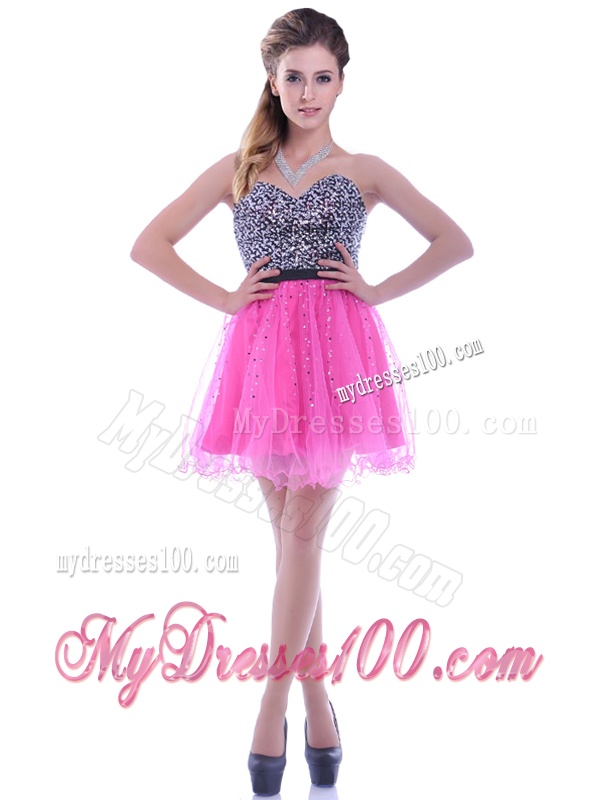 Modern Sequined Decorated Bodice Organza Hot Pink Evening Dress with Backless