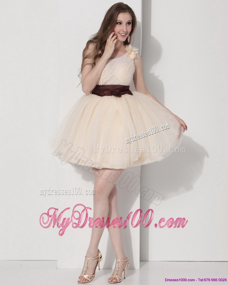 One Shoulder Champagne Evening Dresses with Hand Made Flower