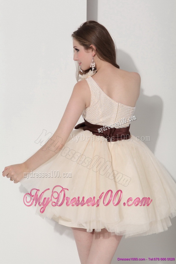 One Shoulder Champagne Evening Dresses with Hand Made Flower
