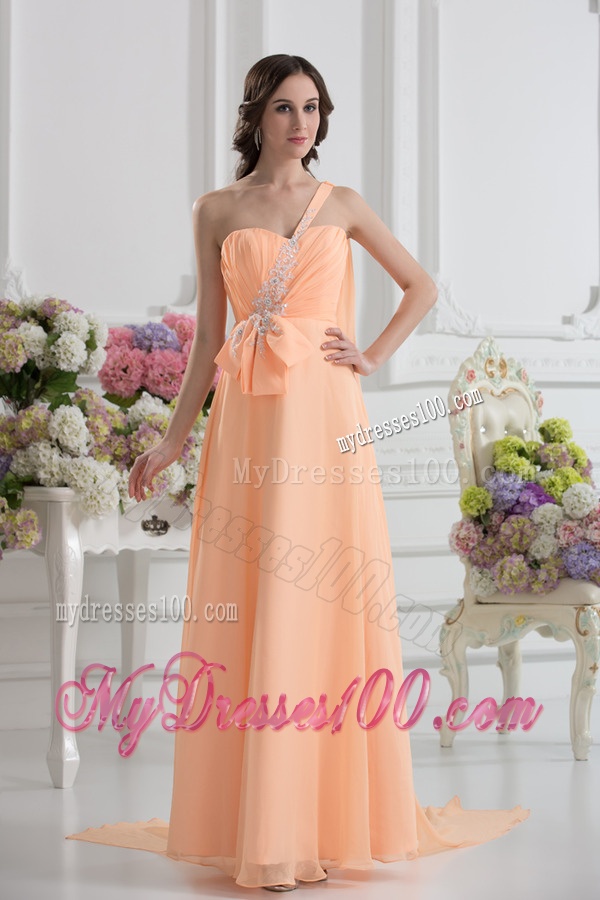 One Shoulder Empire Orange Evening Dress with Watteau Train