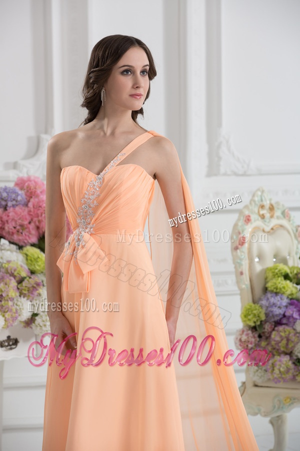 One Shoulder Empire Orange Evening Dress with Watteau Train