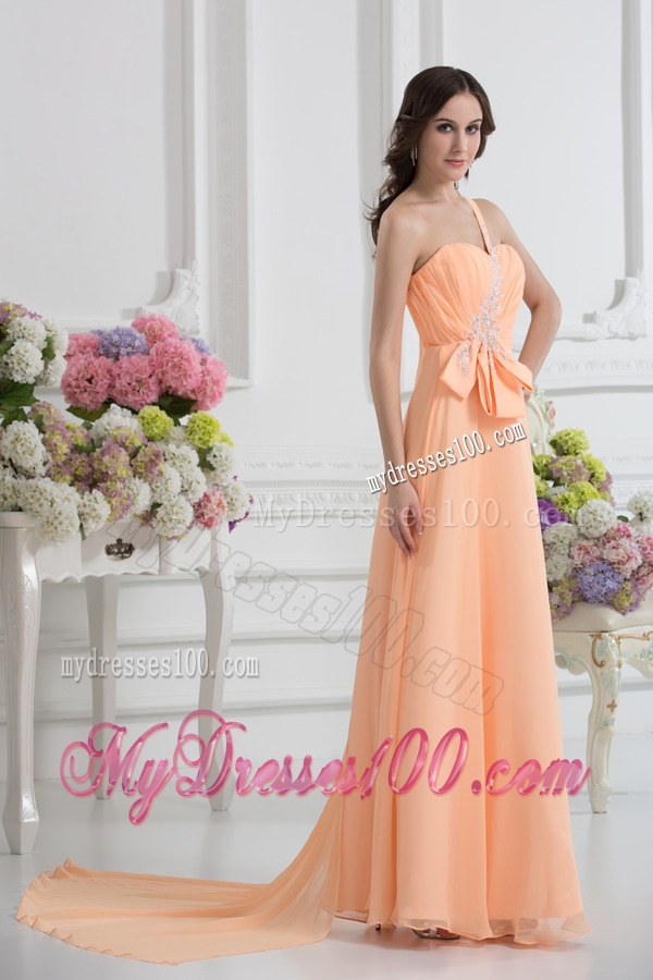 One Shoulder Empire Orange Evening Dress with Watteau Train