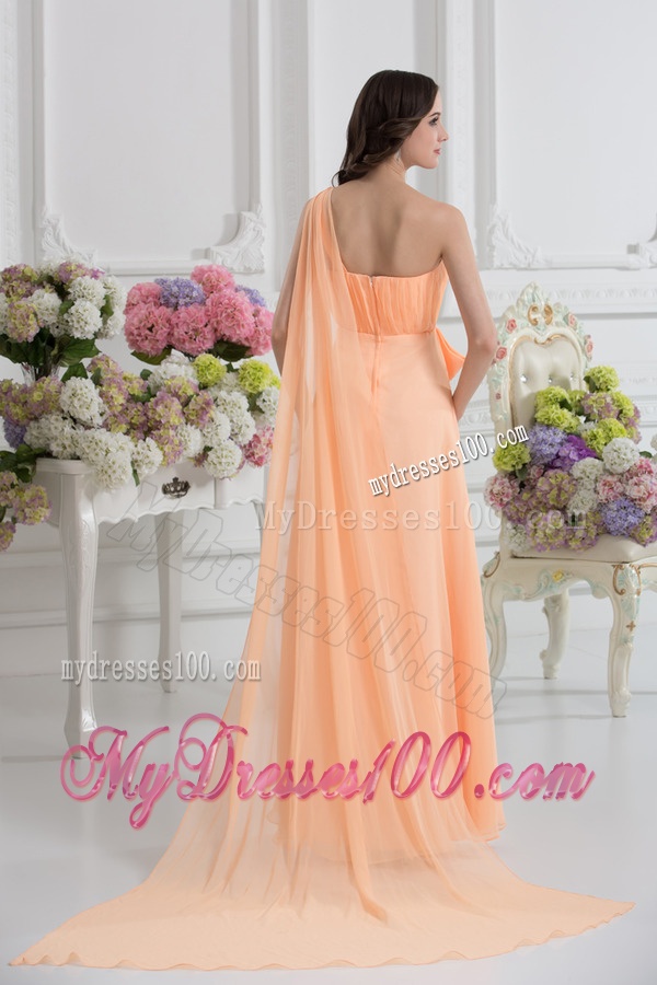 One Shoulder Empire Orange Evening Dress with Watteau Train